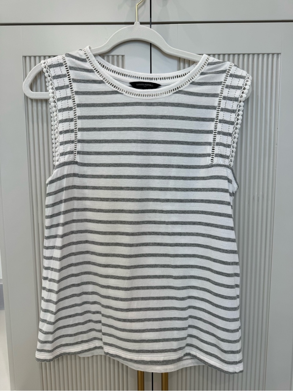 Banana Republic White & Gray Striped Crochet-Trim Tank